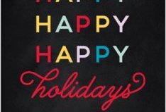 black Christmas card with happy happy happy holidays in red, yellow, purple, blue and green