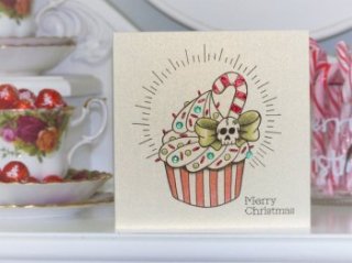 Candy cane cupcake tattoo design on Christmas card, by Vicki Ashurst.