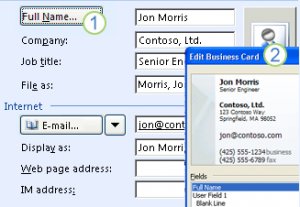 electronic business card shows a subset of the information in the related contact form