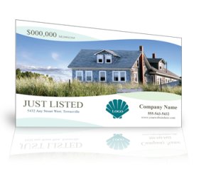 example of a real estate postcard template showing a beach house just listed theme