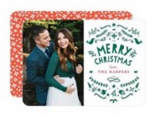 green and white letterpress merry Christmas photo card with happy couple