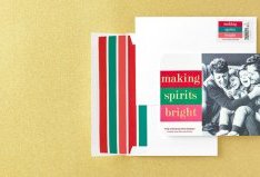 merry and bright red, green and pink photo holiday card with striped envelope liner