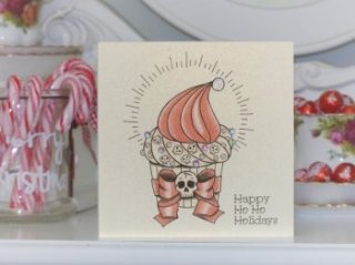 Santa hat cupcake tattoo design on Christmas card, by Vicki Ashurst.